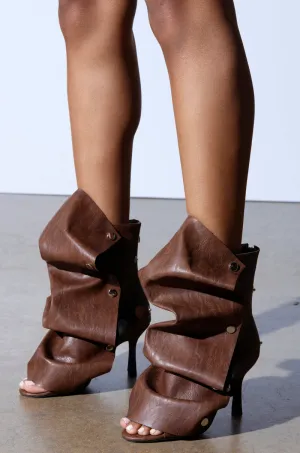 AZALEA WANG BIRD SONG BROWN SNAP DETAIL OPEN TOE BOOTIE