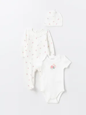 Crew Neck Floral Patterned Baby Girl Hospital Discharge Set 3-Piece