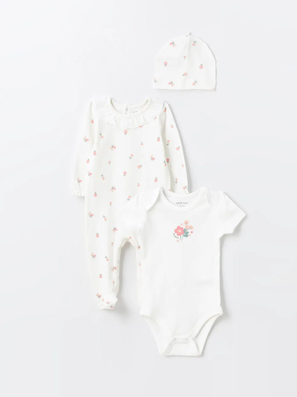 Crew Neck Floral Patterned Baby Girl Hospital Discharge Set 3-Piece