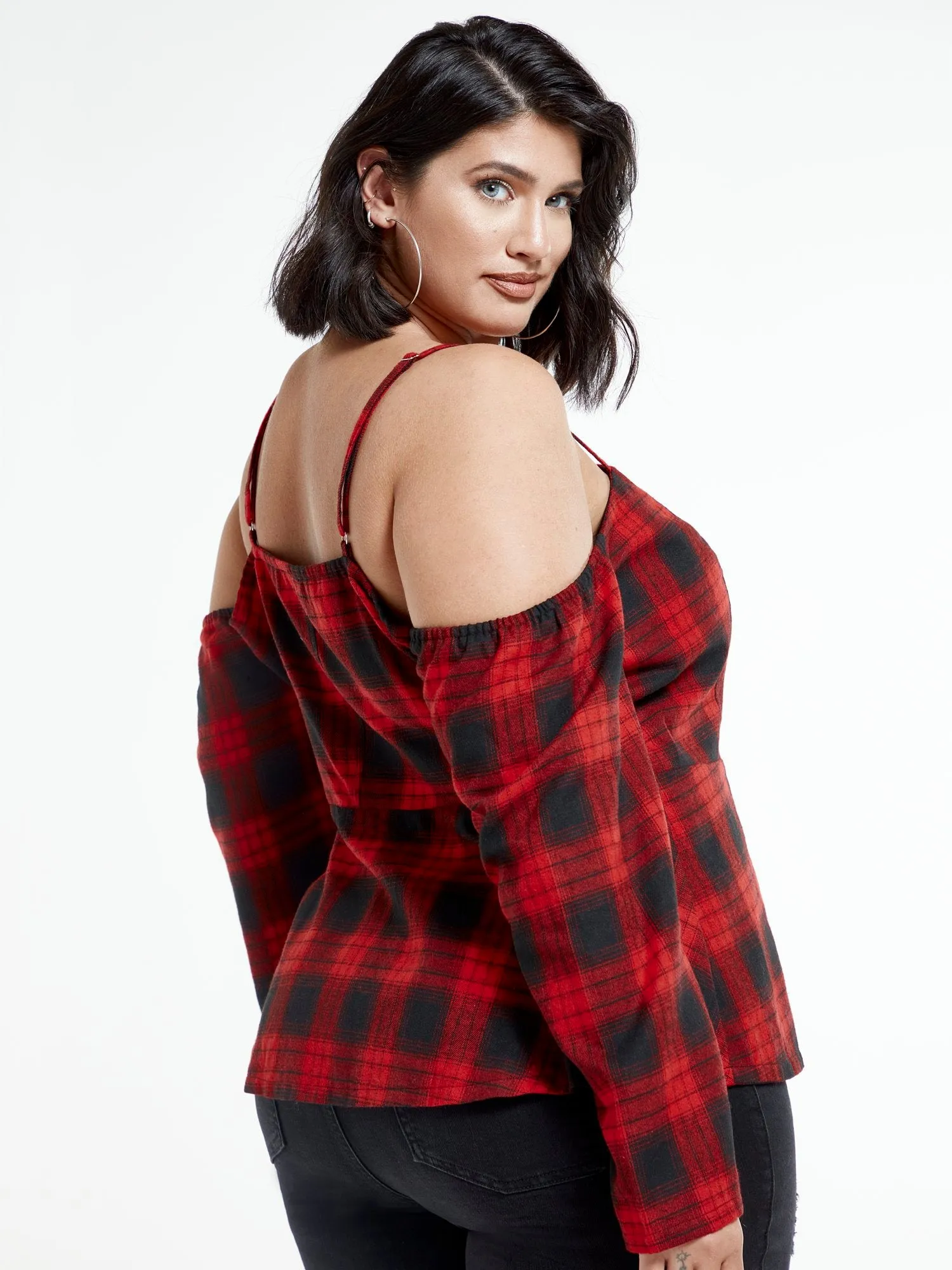 Malika Off The Shoulder Plaid Top
