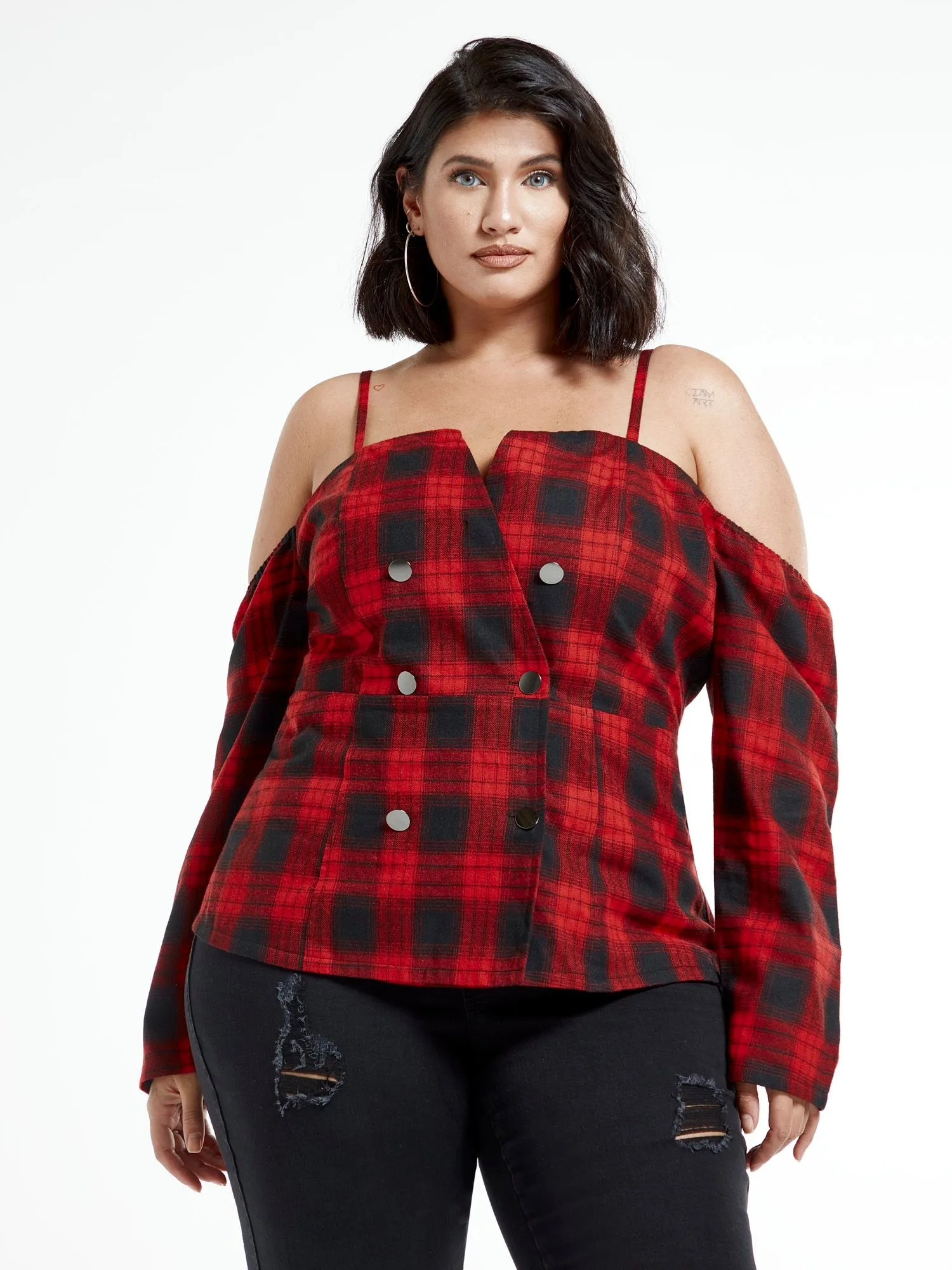 Malika Off The Shoulder Plaid Top