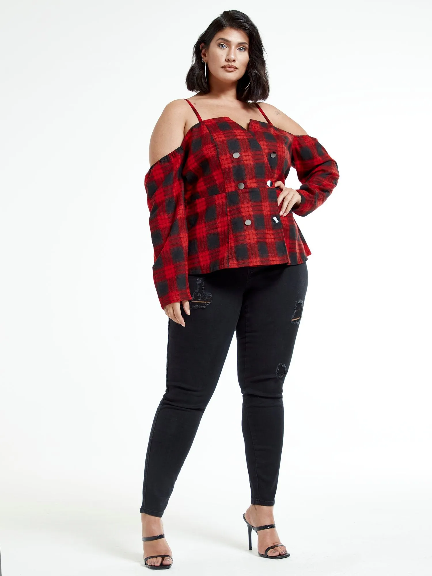 Malika Off The Shoulder Plaid Top