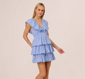 Polka Dot Ruffle Flounce Short Dress In Chambray Blue