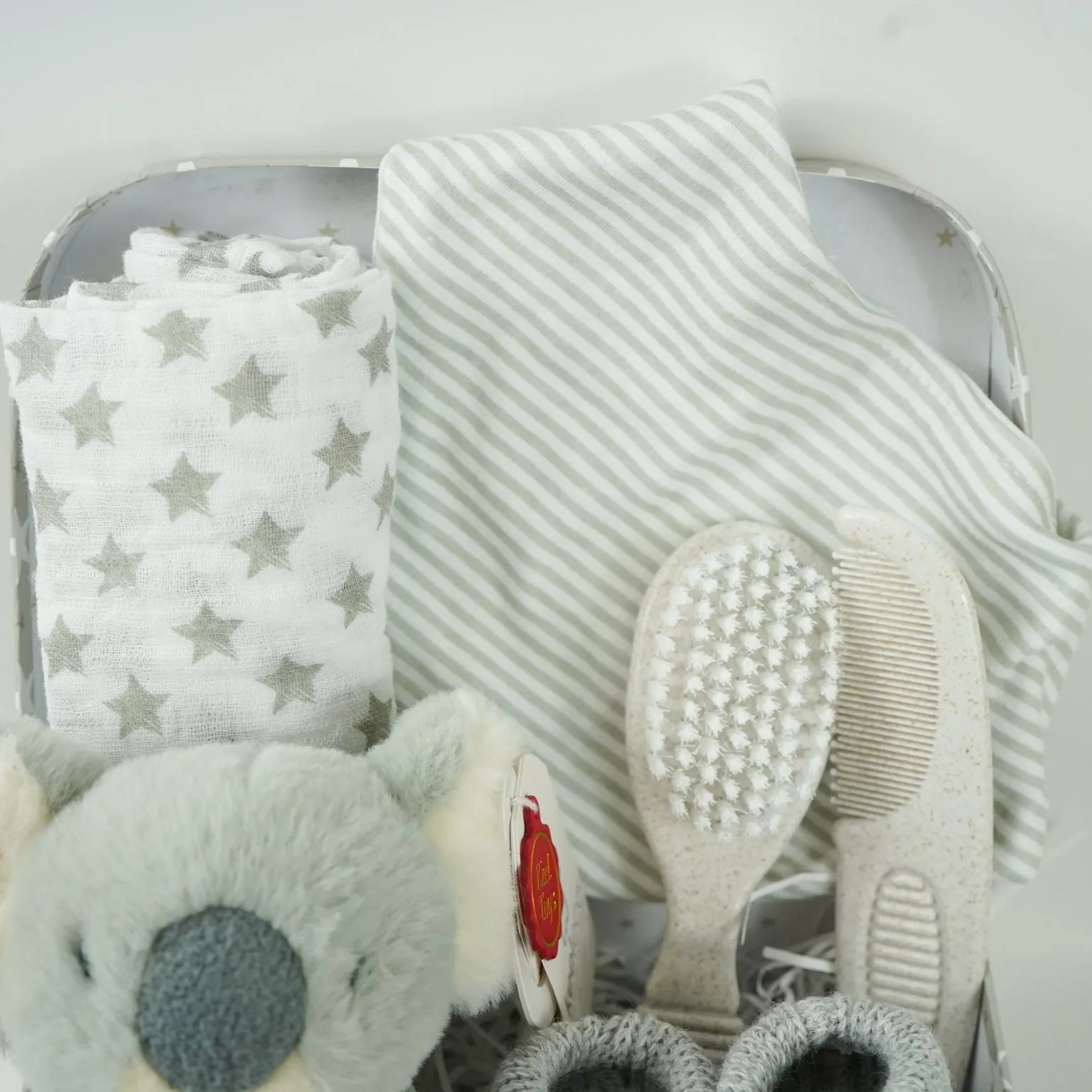 Small Baby Hamper Case, Koala Rattle, Baby Booties , First Brush And Comb Set, Muslin