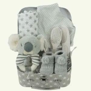 Small Baby Hamper Case, Koala Rattle, Baby Booties , First Brush And Comb Set, Muslin