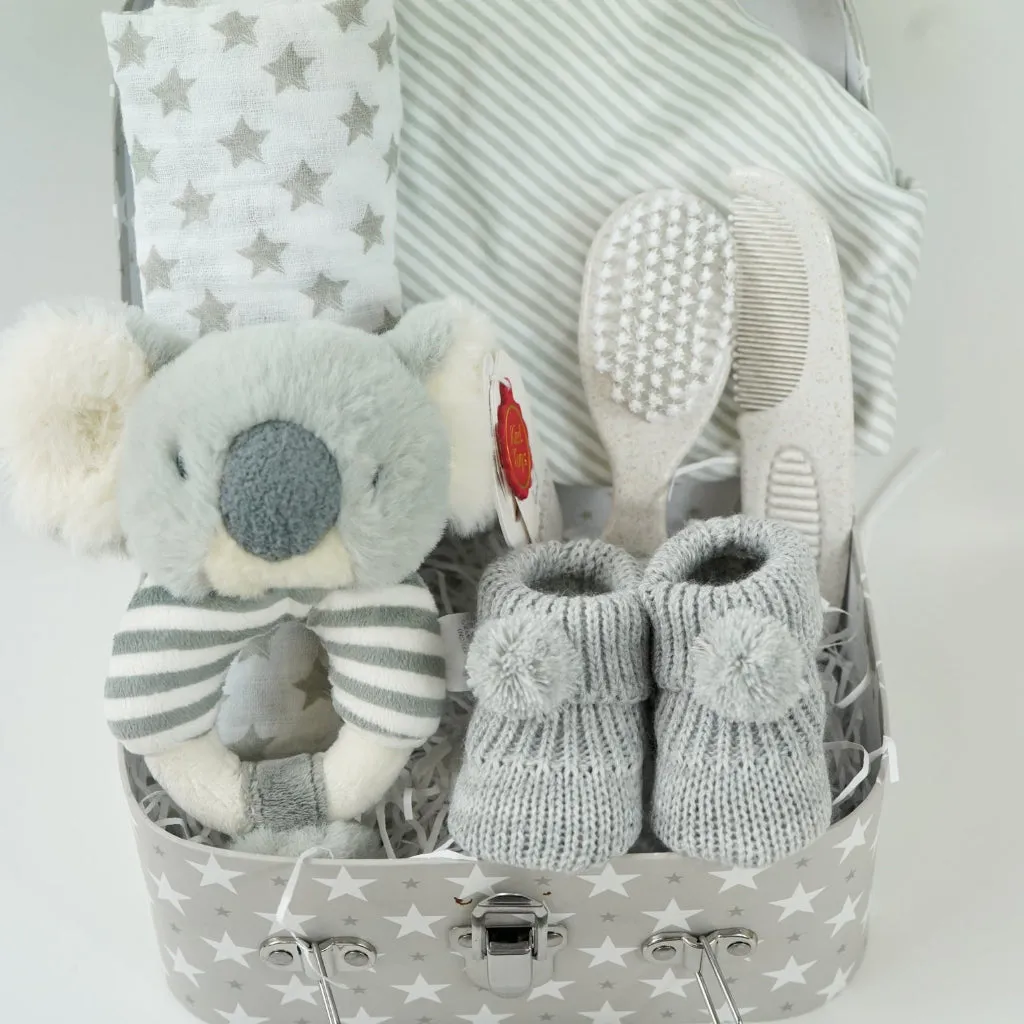 Small Baby Hamper Case, Koala Rattle, Baby Booties , First Brush And Comb Set, Muslin