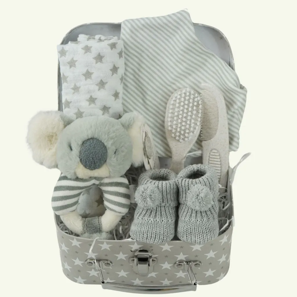 Small Baby Hamper Case, Koala Rattle, Baby Booties , First Brush And Comb Set, Muslin