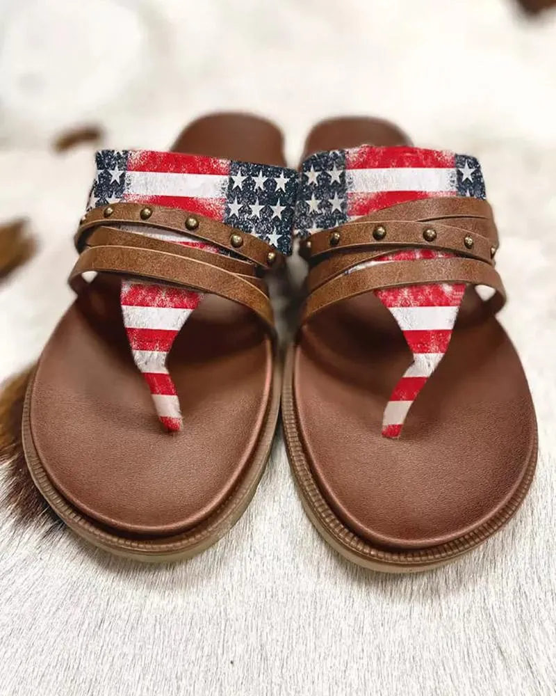 Studded Flag Pattern Toe Post Sandals