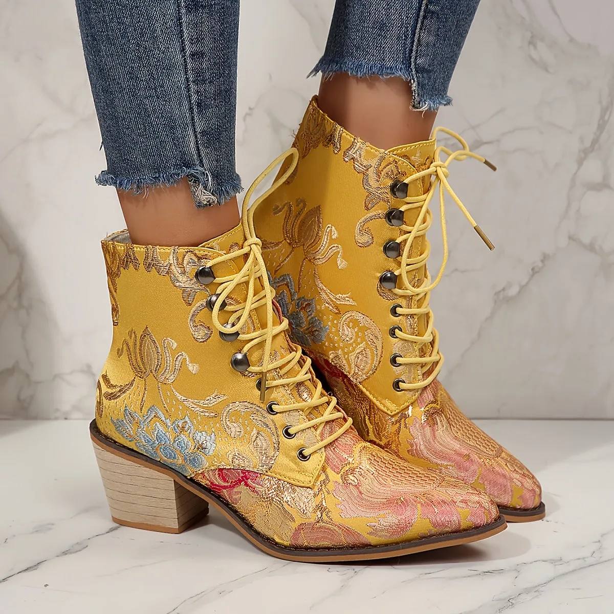VougeVamp Floral Embroidered Lace-Up Ankle Booties – Pointed Toe High Block Heel for Elegant Style