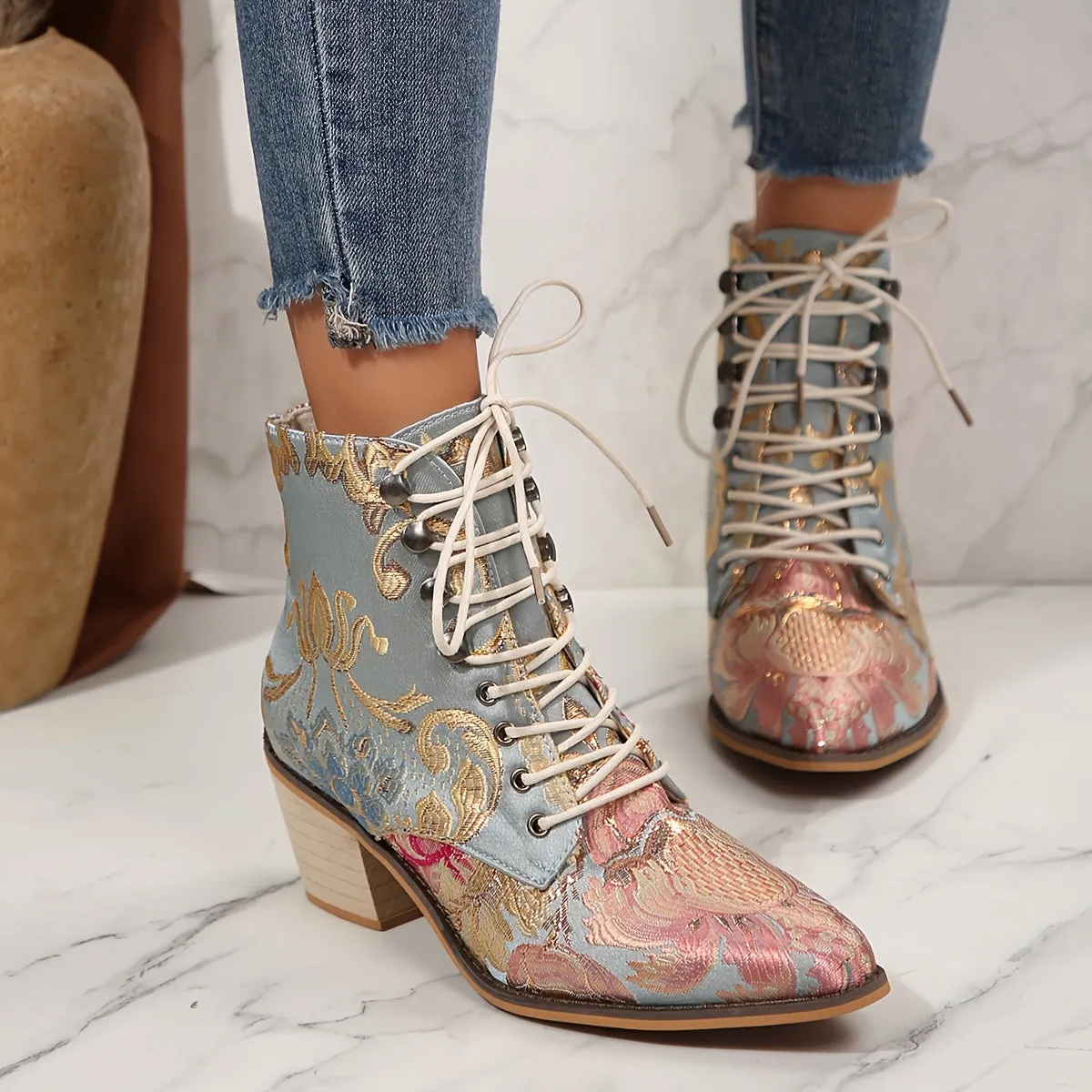 VougeVamp Floral Embroidered Lace-Up Ankle Booties – Pointed Toe High Block Heel for Elegant Style