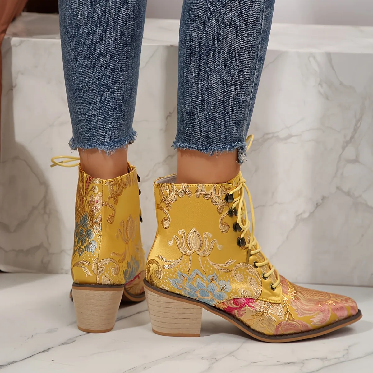 VougeVamp Floral Embroidered Lace-Up Ankle Booties – Pointed Toe High Block Heel for Elegant Style