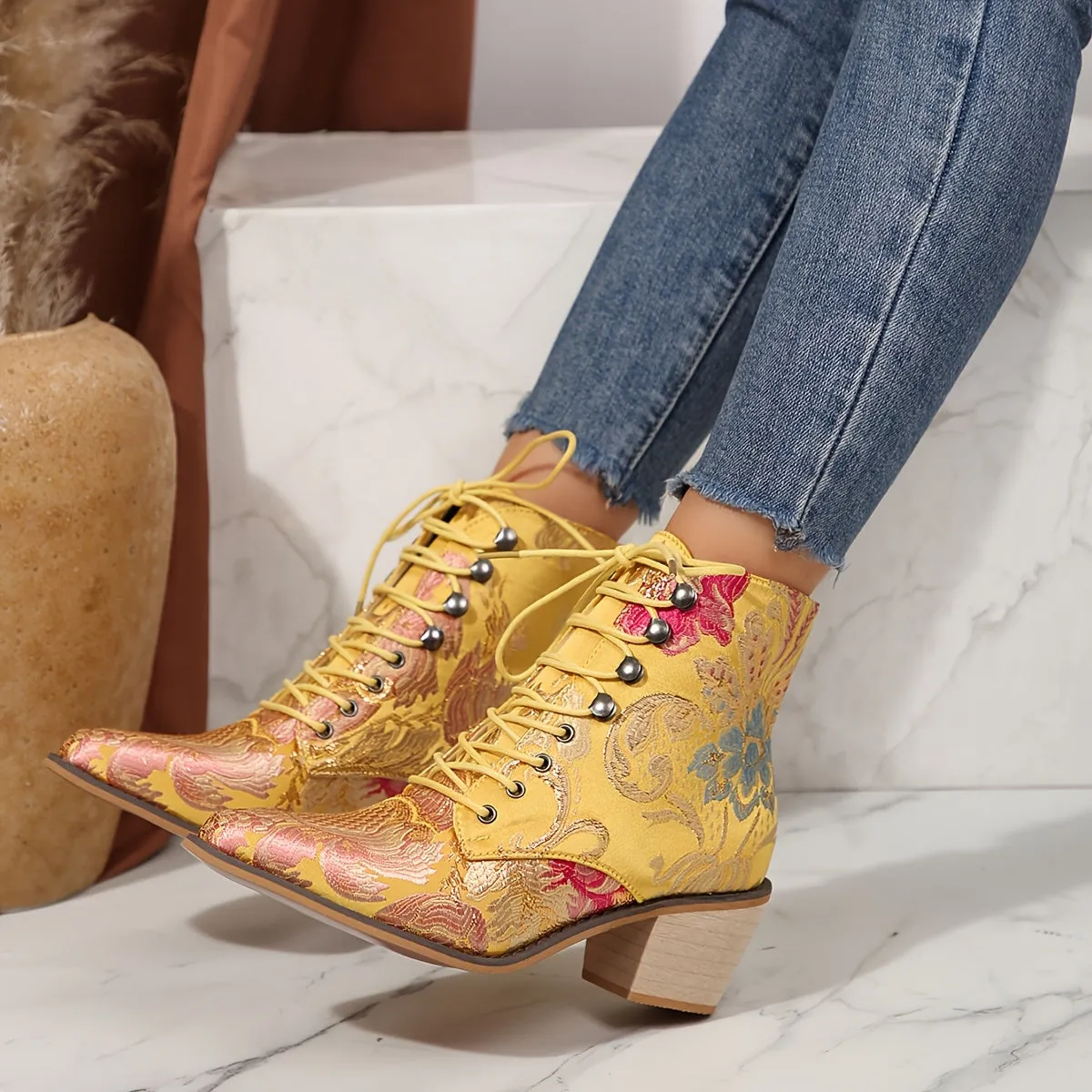 VougeVamp Floral Embroidered Lace-Up Ankle Booties – Pointed Toe High Block Heel for Elegant Style
