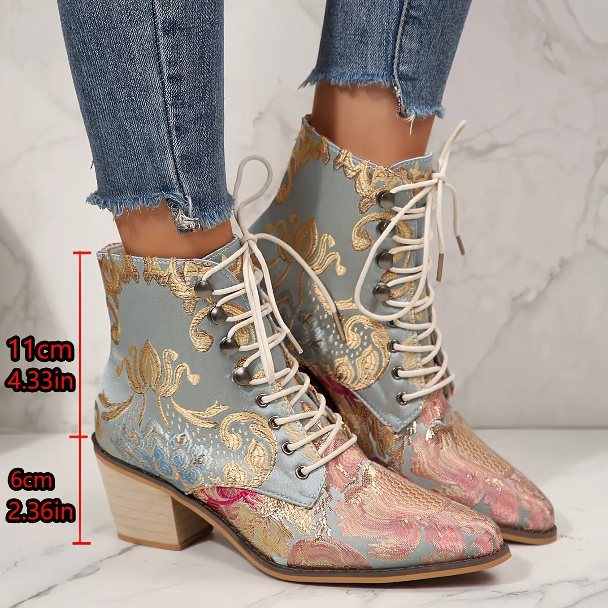 VougeVamp Floral Embroidered Lace-Up Ankle Booties – Pointed Toe High Block Heel for Elegant Style