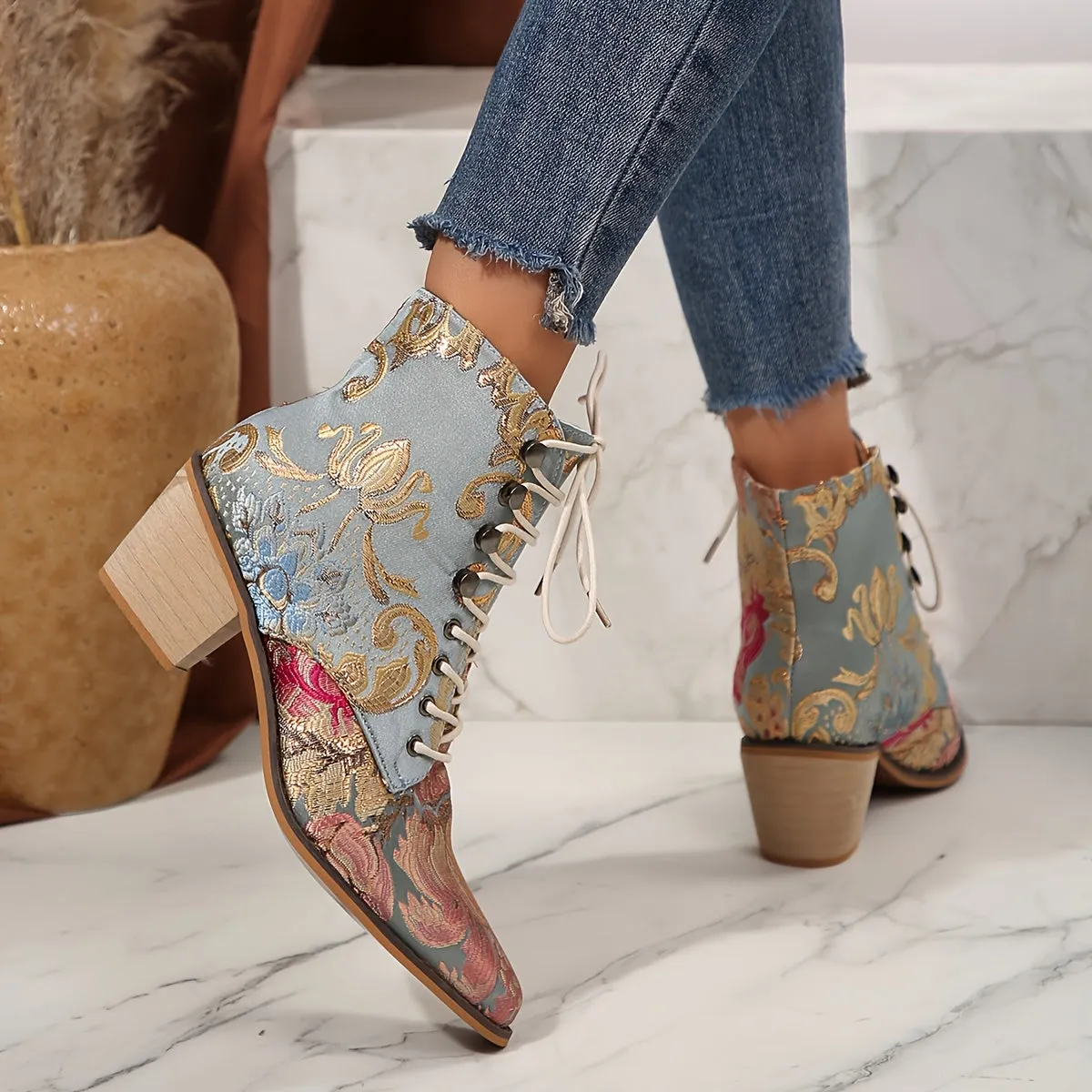 VougeVamp Floral Embroidered Lace-Up Ankle Booties – Pointed Toe High Block Heel for Elegant Style