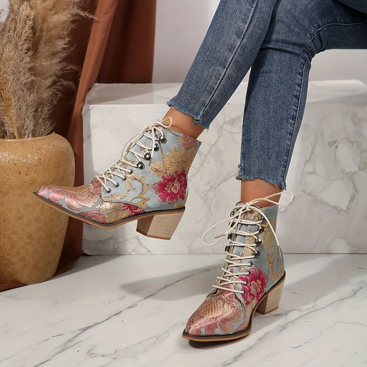 VougeVamp Floral Embroidered Lace-Up Ankle Booties – Pointed Toe High Block Heel for Elegant Style