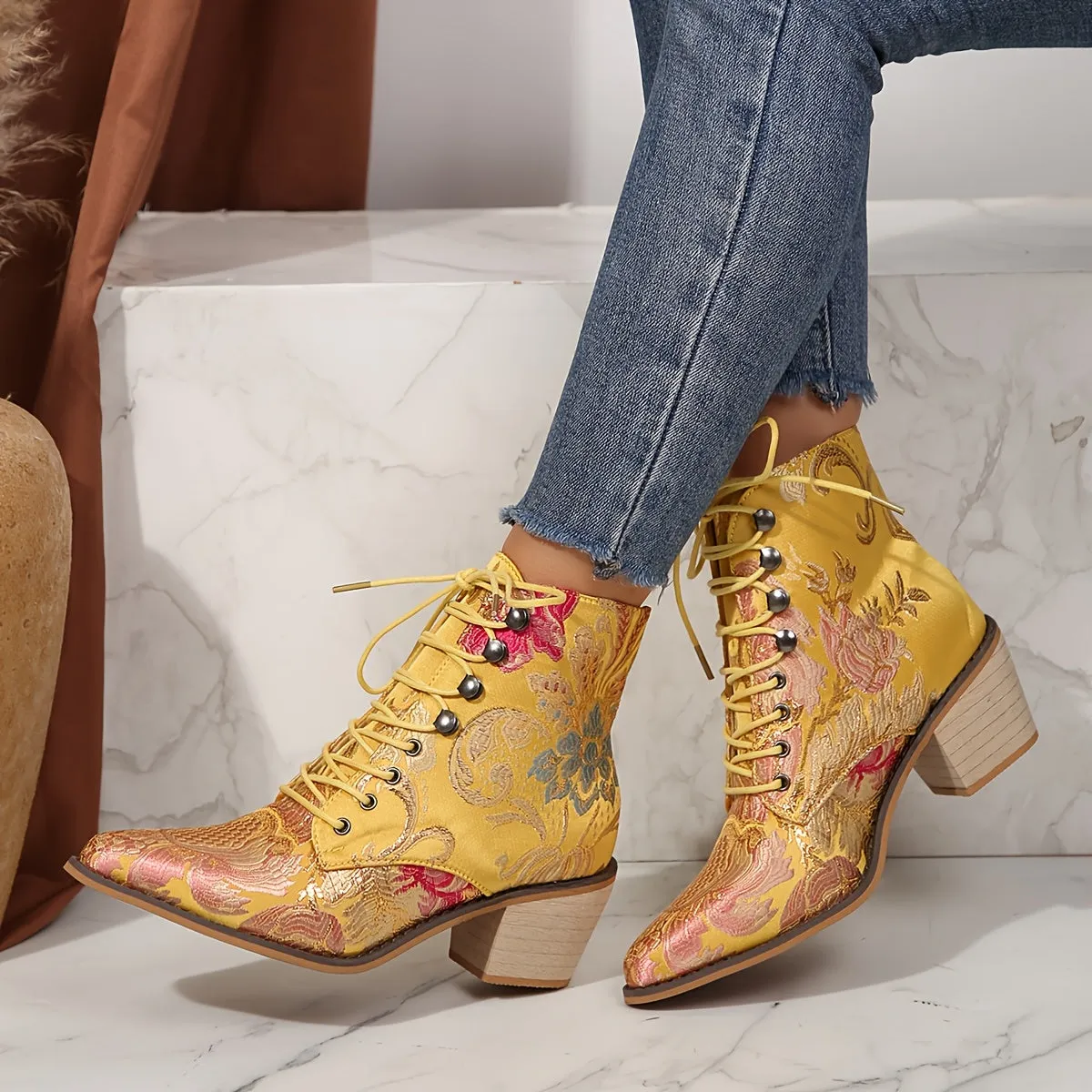 VougeVamp Floral Embroidered Lace-Up Ankle Booties – Pointed Toe High Block Heel for Elegant Style