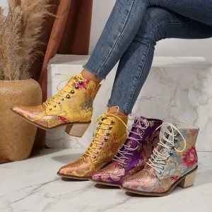 VougeVamp Floral Embroidered Lace-Up Ankle Booties – Pointed Toe High Block Heel for Elegant Style