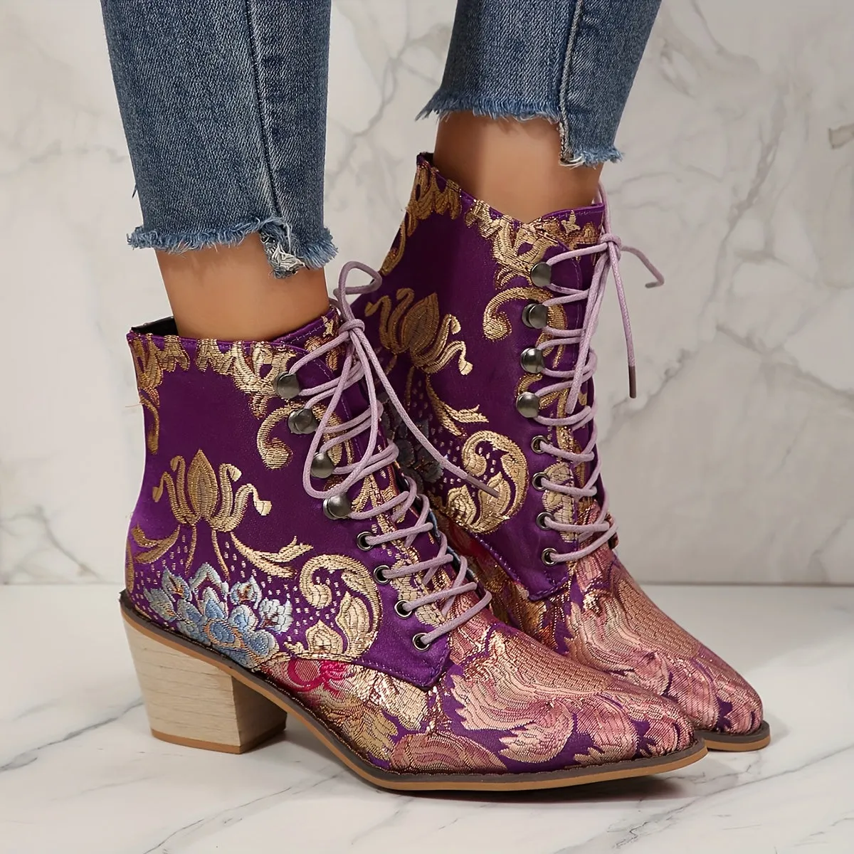 VougeVamp Floral Embroidered Lace-Up Ankle Booties – Pointed Toe High Block Heel for Elegant Style