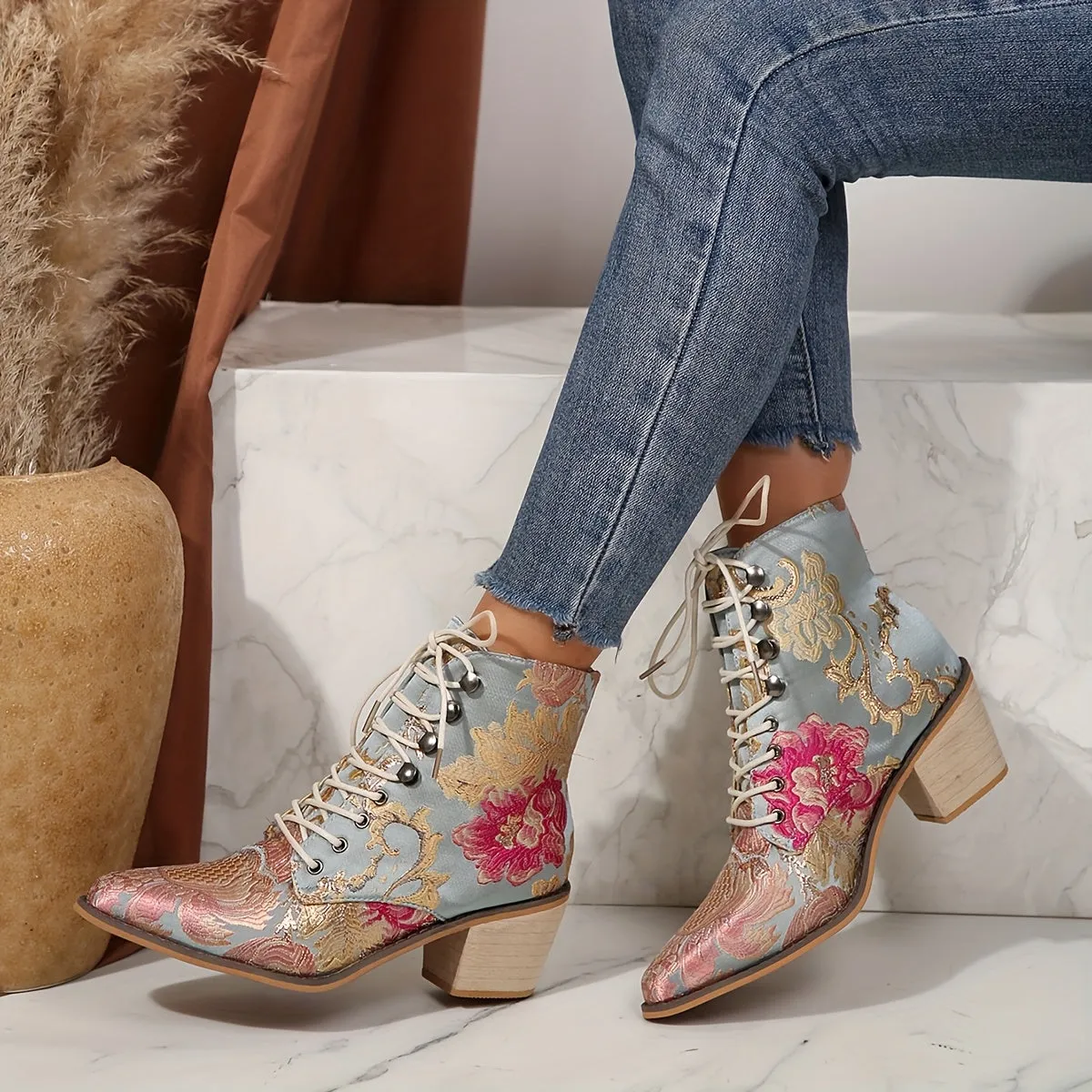 VougeVamp Floral Embroidered Lace-Up Ankle Booties – Pointed Toe High Block Heel for Elegant Style