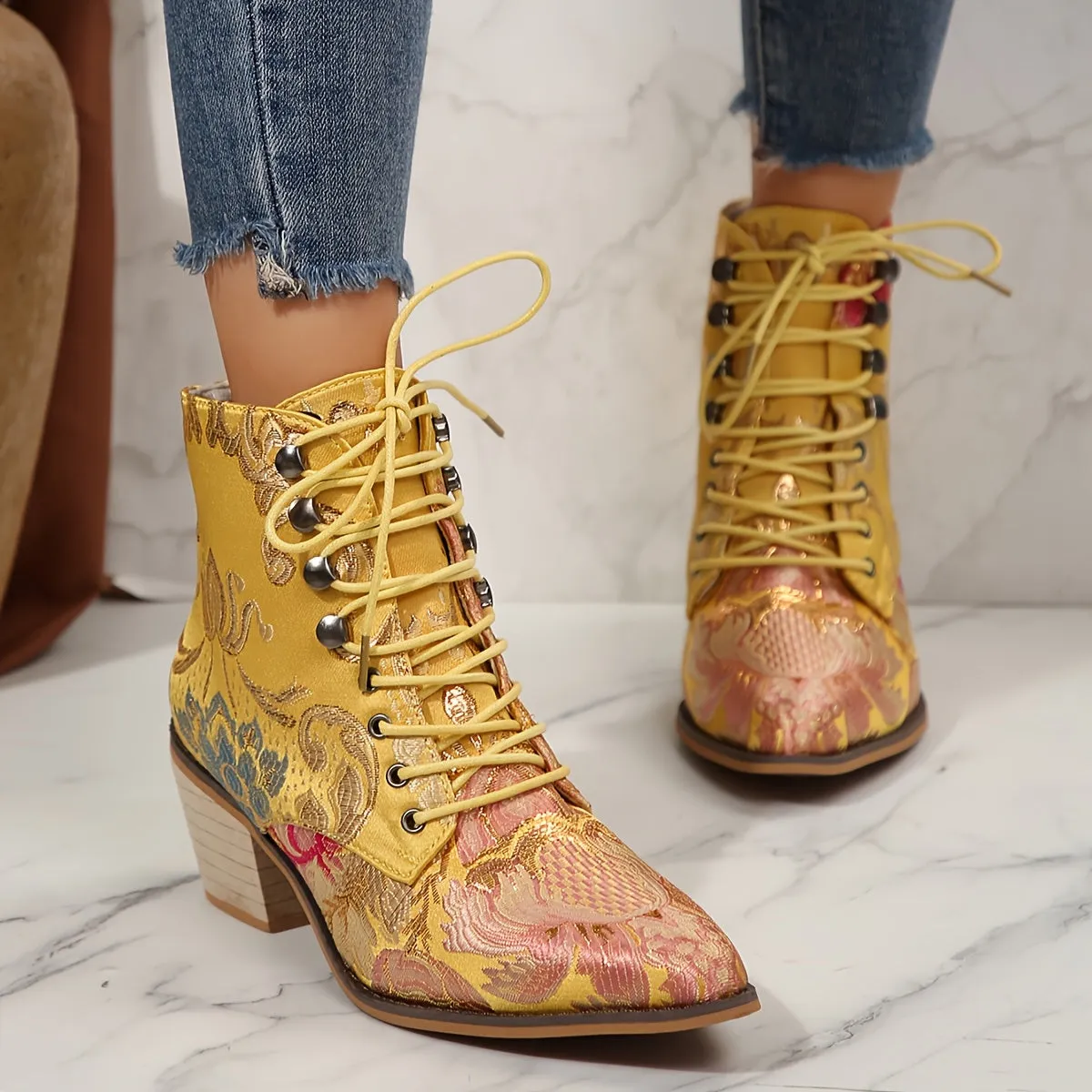VougeVamp Floral Embroidered Lace-Up Ankle Booties – Pointed Toe High Block Heel for Elegant Style
