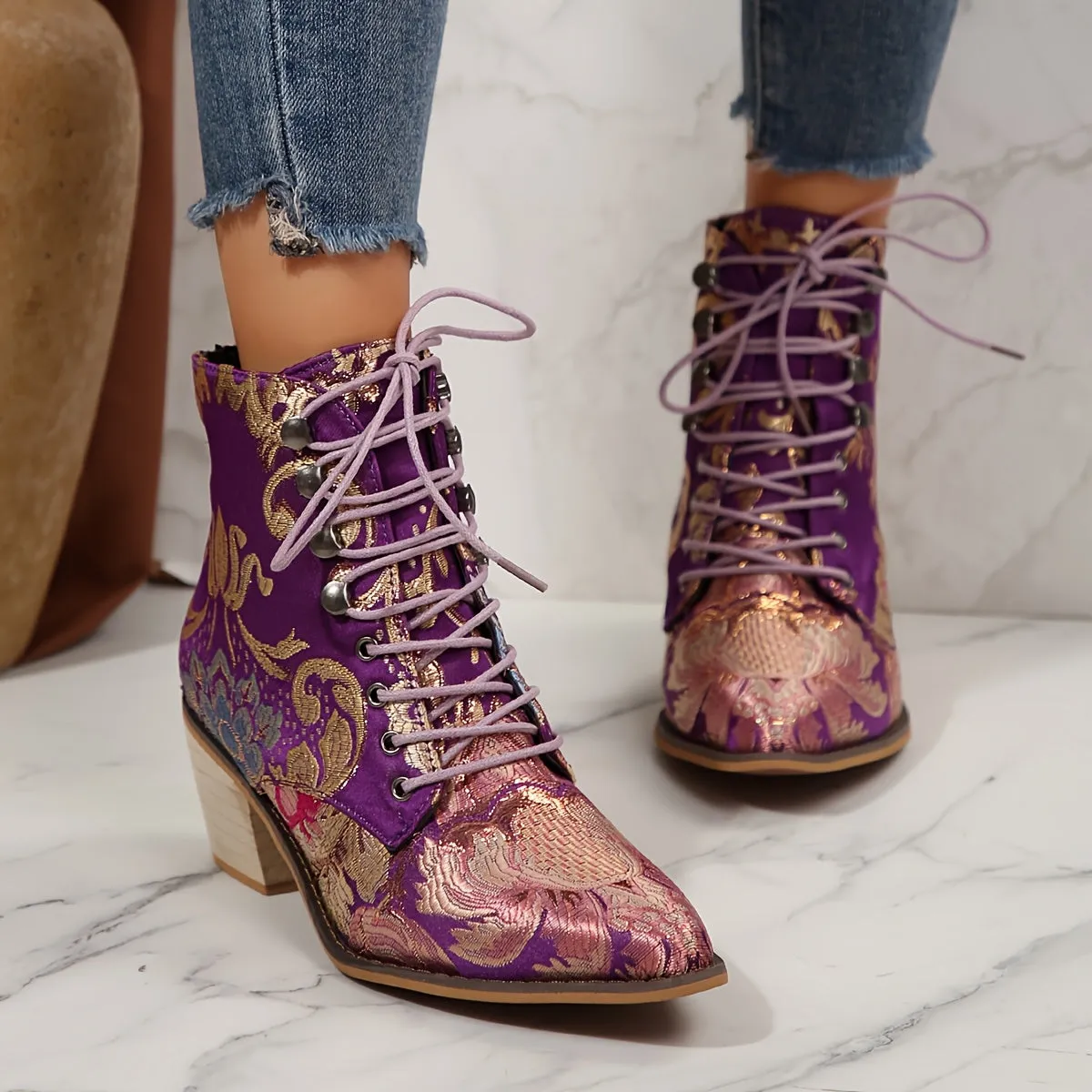 VougeVamp Floral Embroidered Lace-Up Ankle Booties – Pointed Toe High Block Heel for Elegant Style