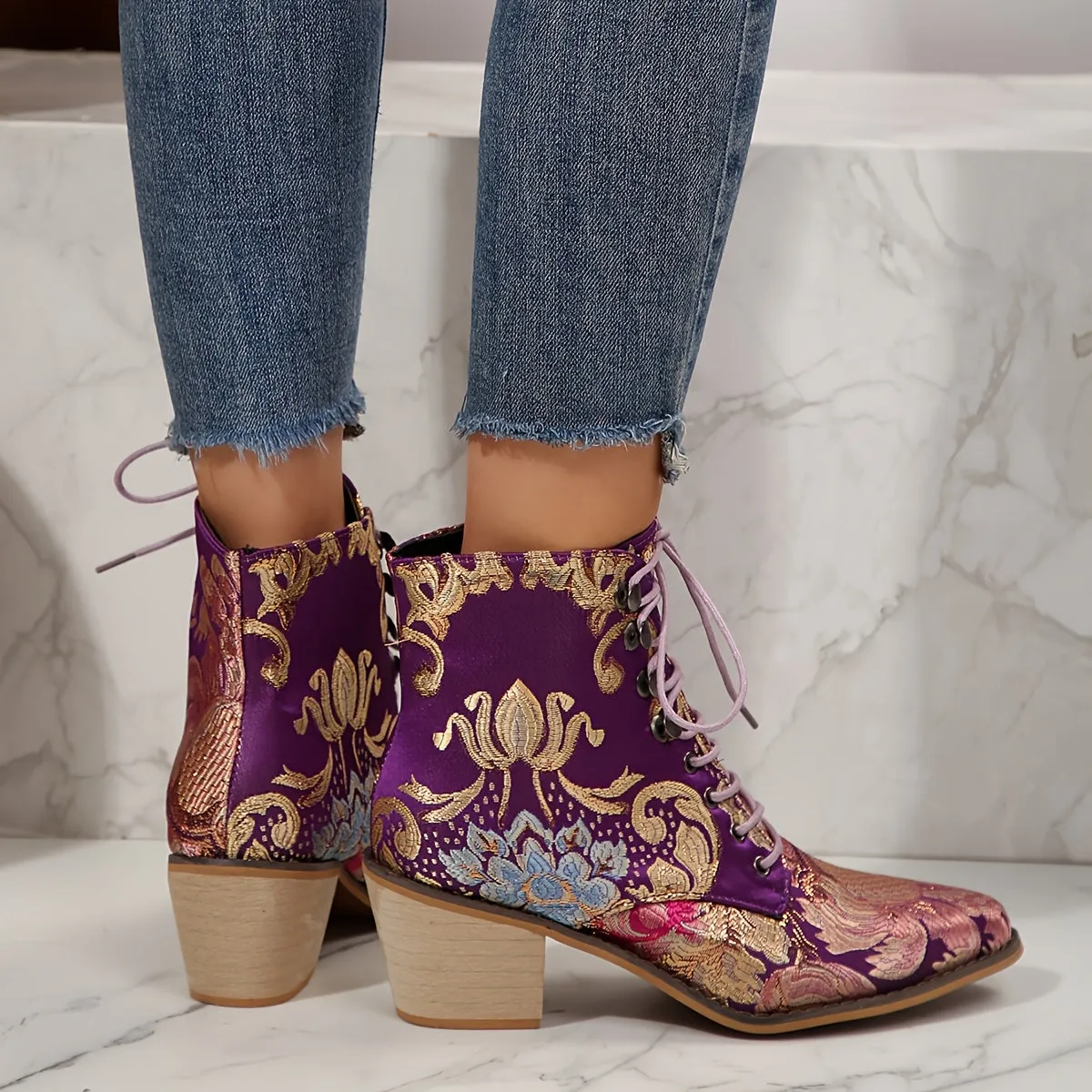 VougeVamp Floral Embroidered Lace-Up Ankle Booties – Pointed Toe High Block Heel for Elegant Style