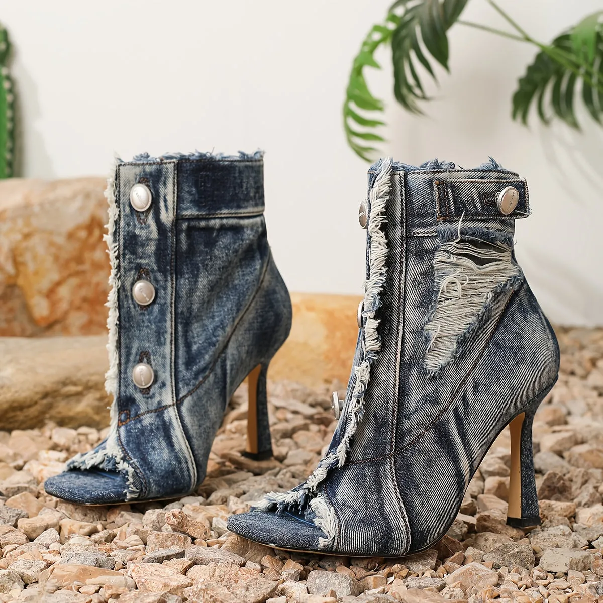 VougeVamp High Stiletto Heel Denim Ankle Boots – Vintage-Inspired Square Toe Western Booties with Buckle Closure