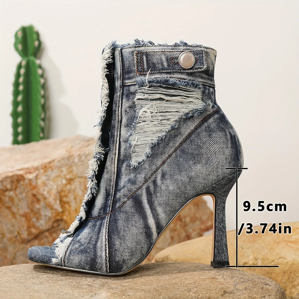 VougeVamp High Stiletto Heel Denim Ankle Boots – Vintage-Inspired Square Toe Western Booties with Buckle Closure