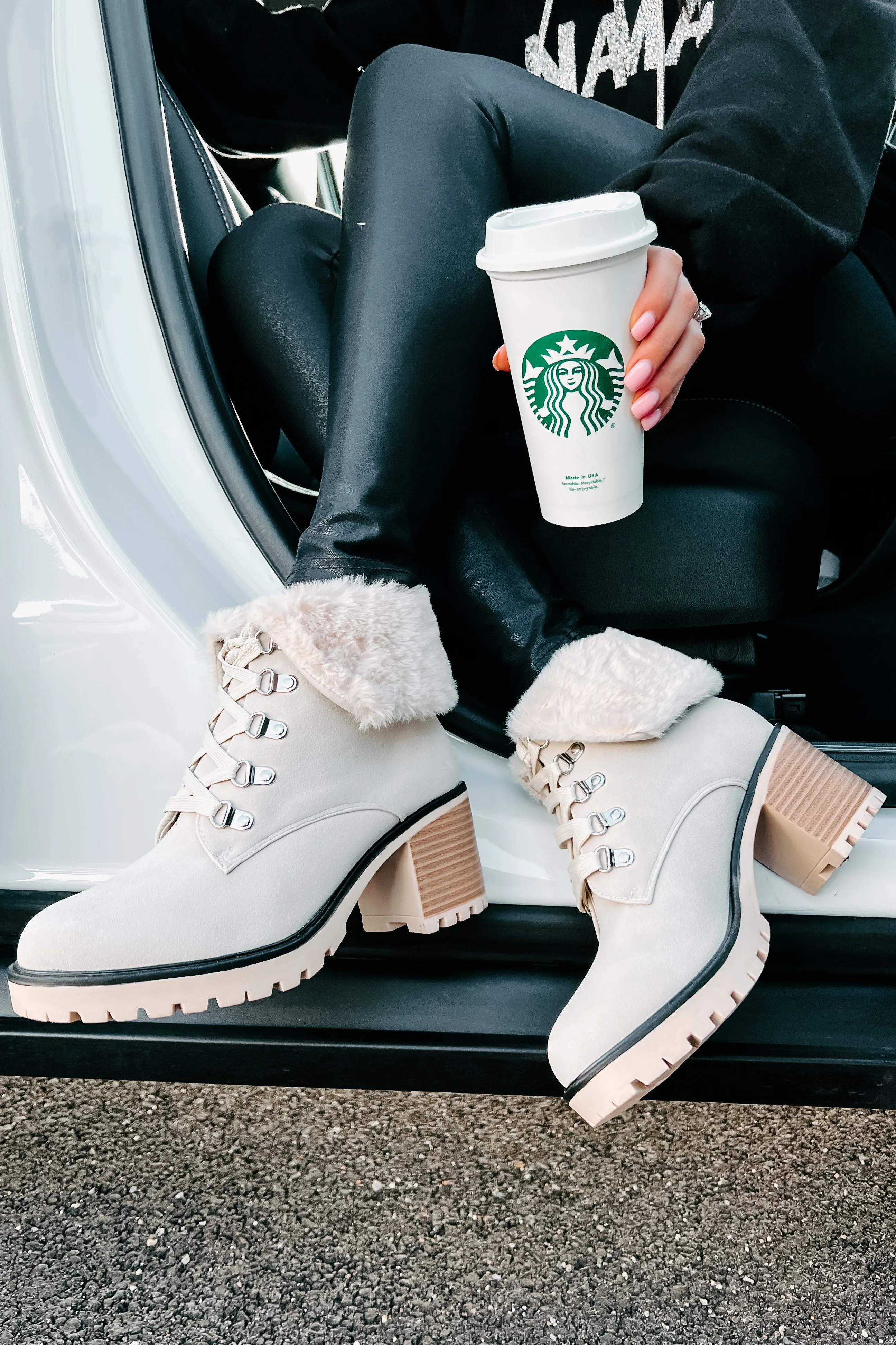 Whispering Pines Faux Fur Lug Sole Booties (Stone)