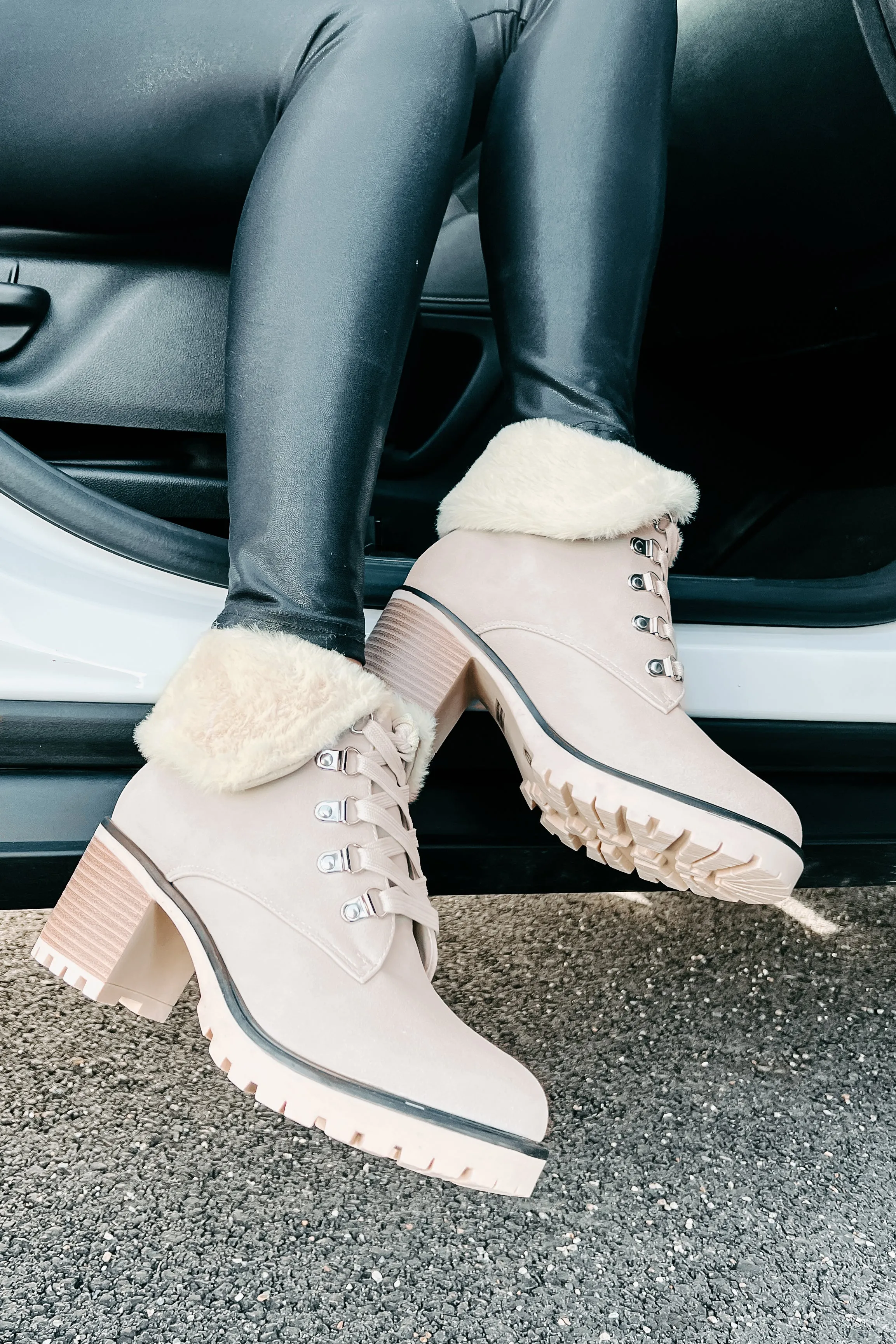 Whispering Pines Faux Fur Lug Sole Booties (Stone)
