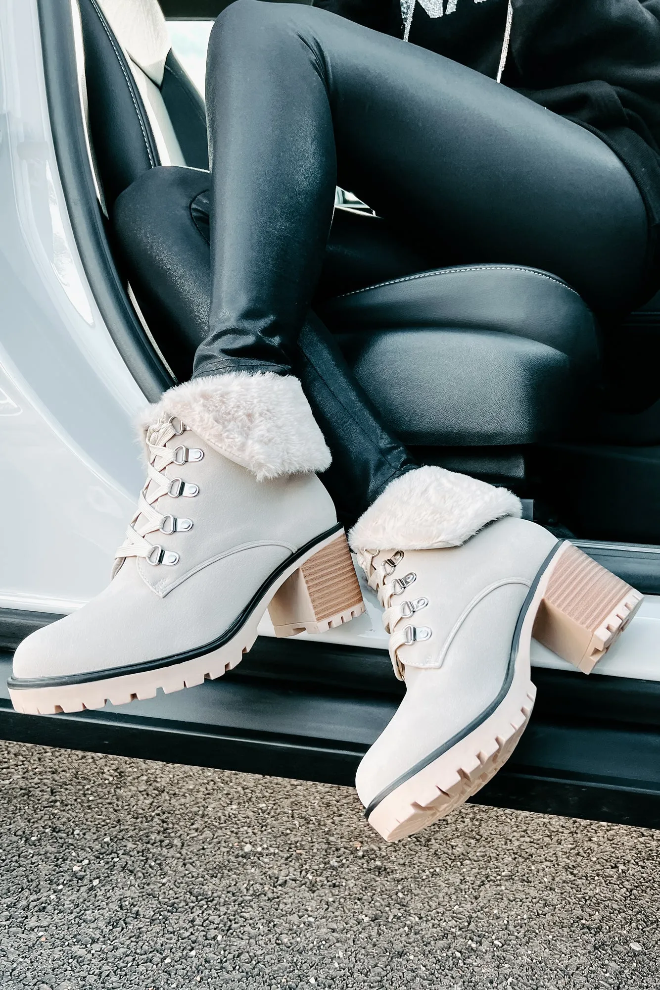 Whispering Pines Faux Fur Lug Sole Booties (Stone)