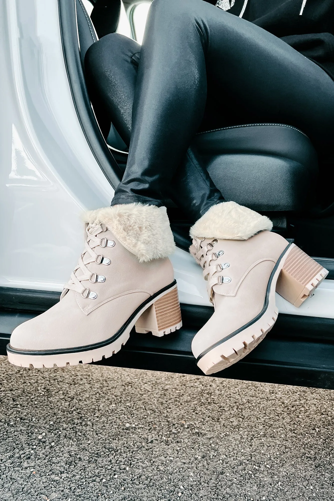 Whispering Pines Faux Fur Lug Sole Booties (Stone)
