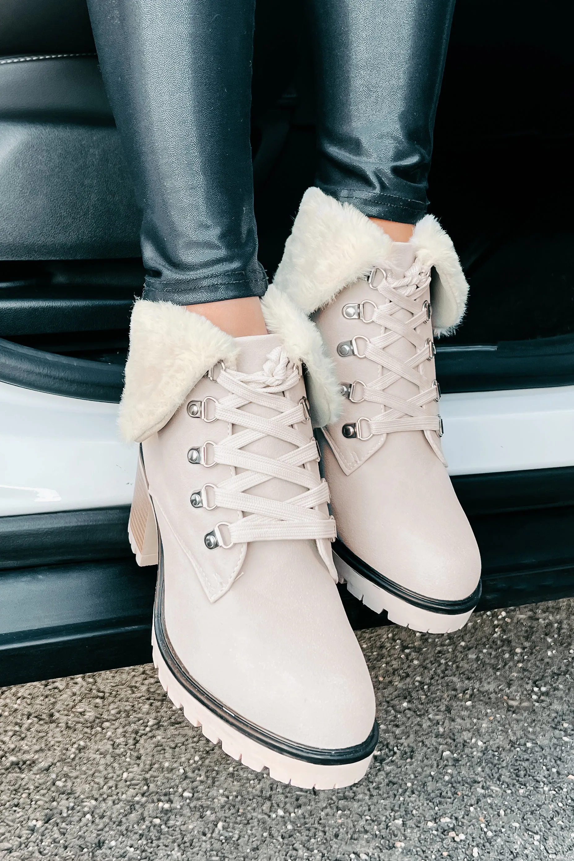 Whispering Pines Faux Fur Lug Sole Booties (Stone)