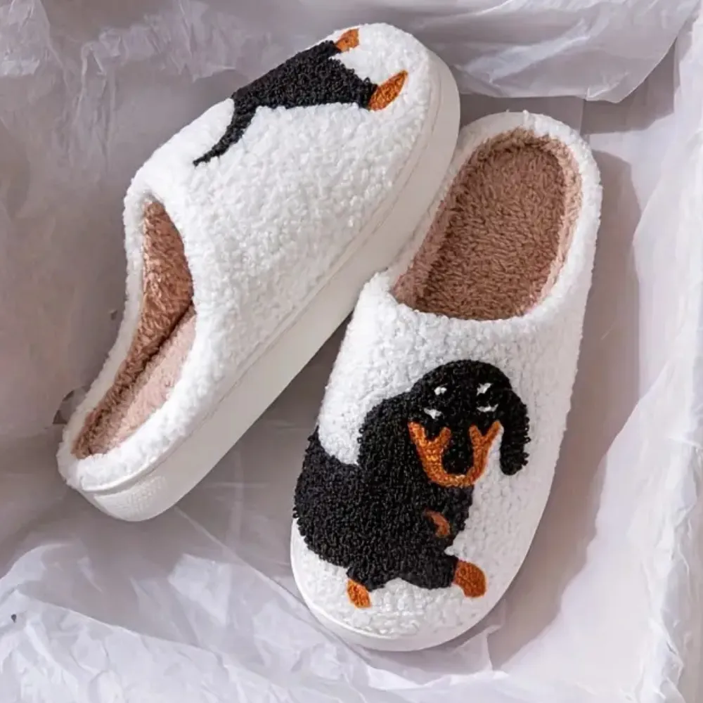 Women's Stylish Fluffy Winter Slippers with Dachshund Print | Ideal for All Seasons