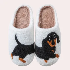 Women's Stylish Fluffy Winter Slippers with Dachshund Print | Ideal for All Seasons