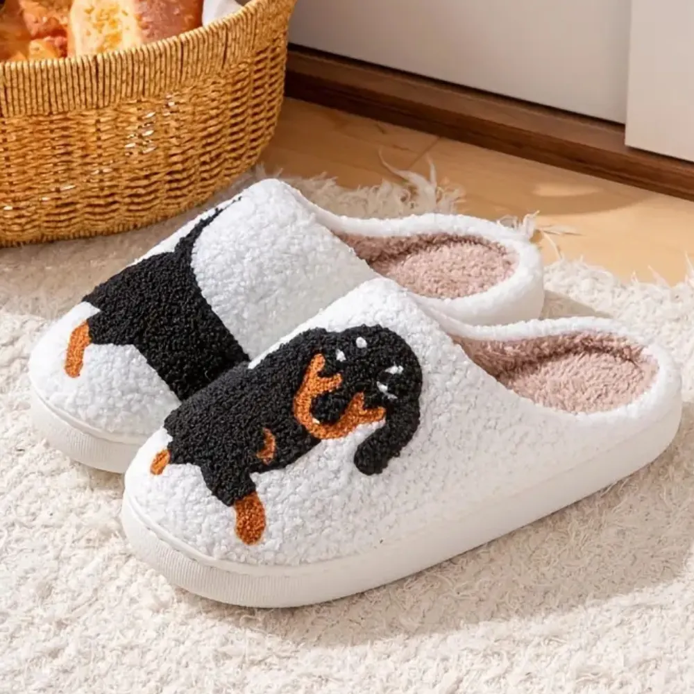 Women's Stylish Fluffy Winter Slippers with Dachshund Print | Ideal for All Seasons